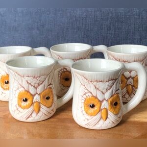 “Have A Nice Day” Vintage Owl Mugs, Set of Five Mid Century Pottery Mugs